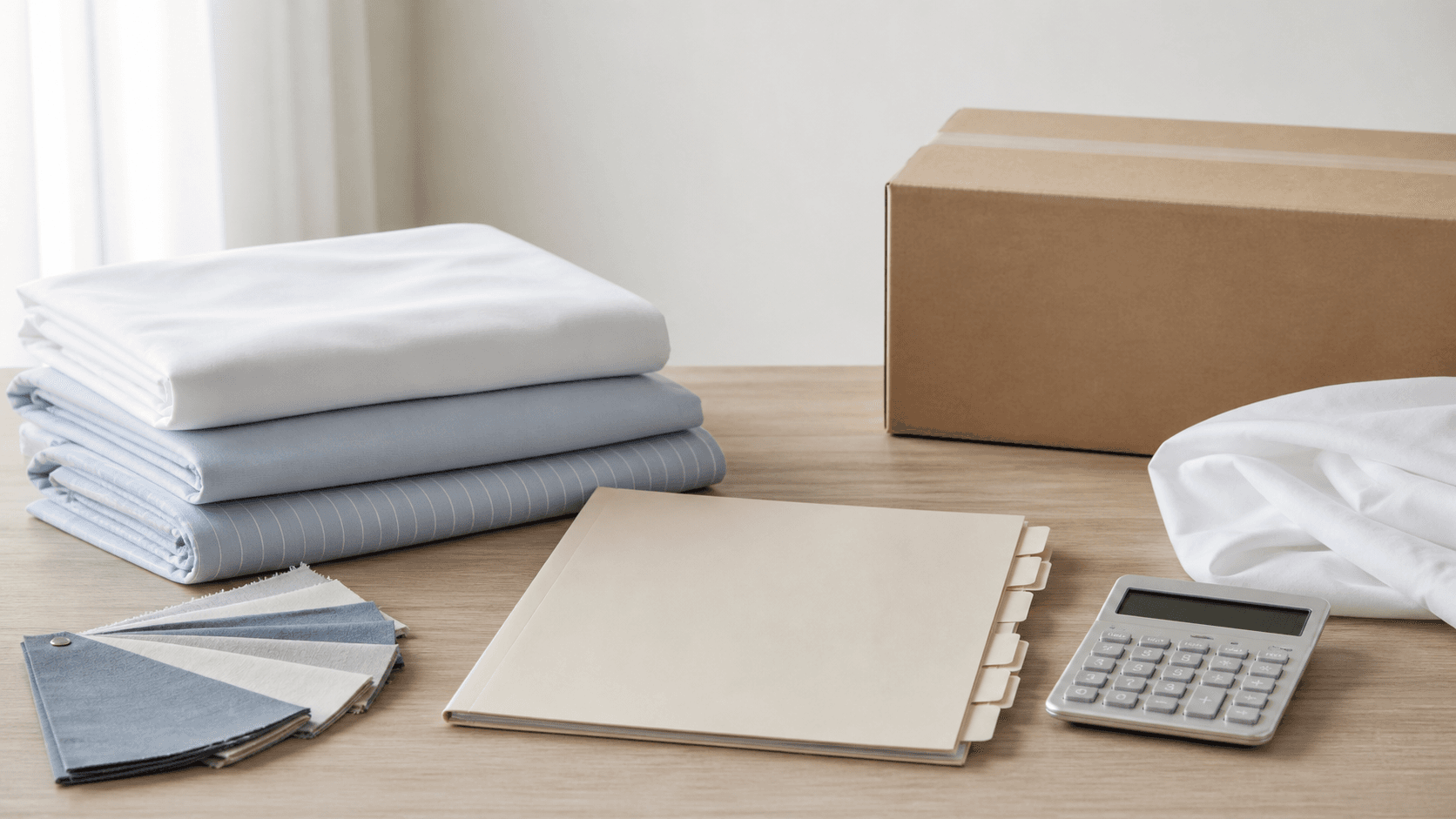 Folded neutral bedding, a plain shipping carton, an unmarked folder, fabric swatches and a calculator on a sourcing table.