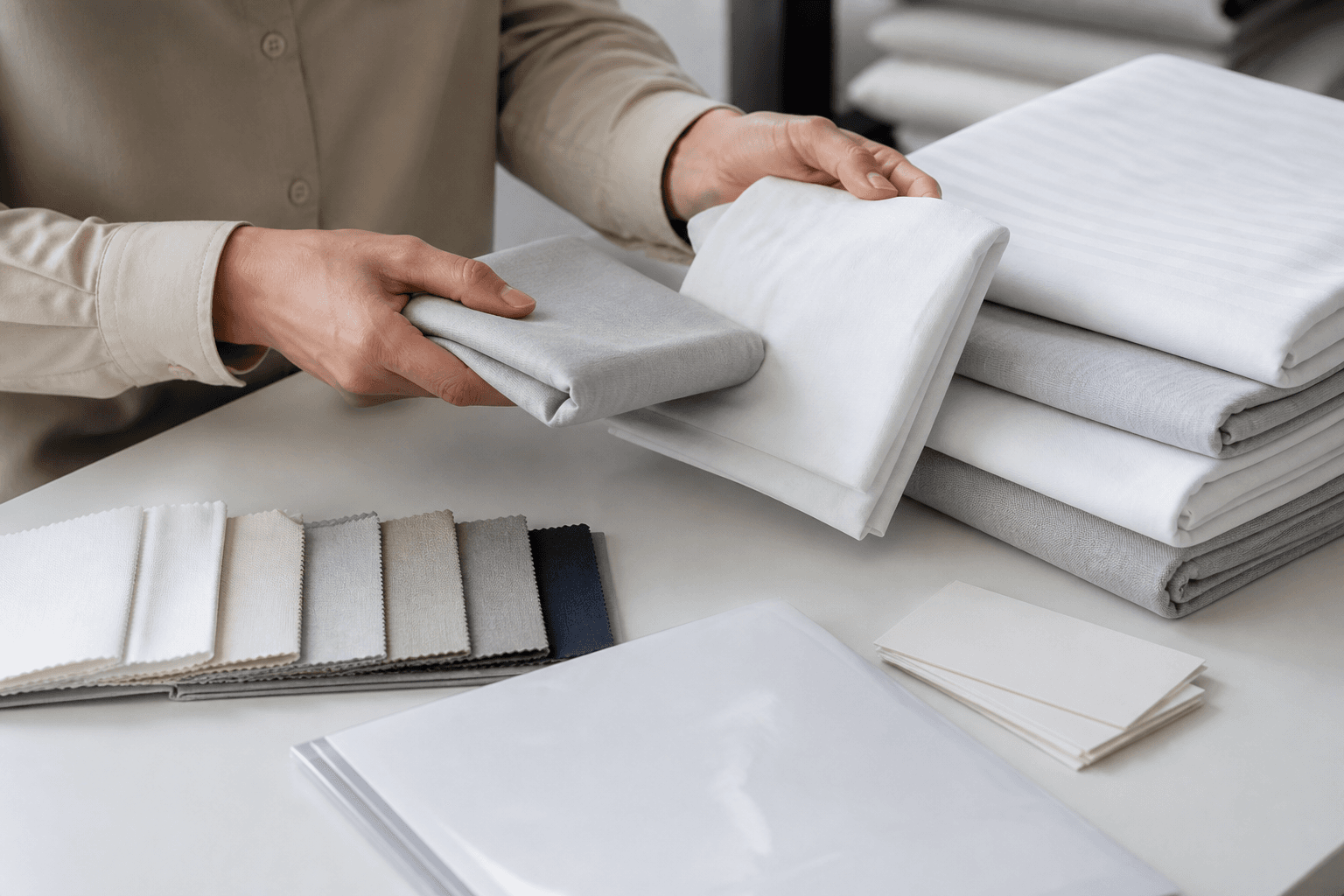 A buyer compares white and grey bedding samples beside neutral swatches and blank cards.