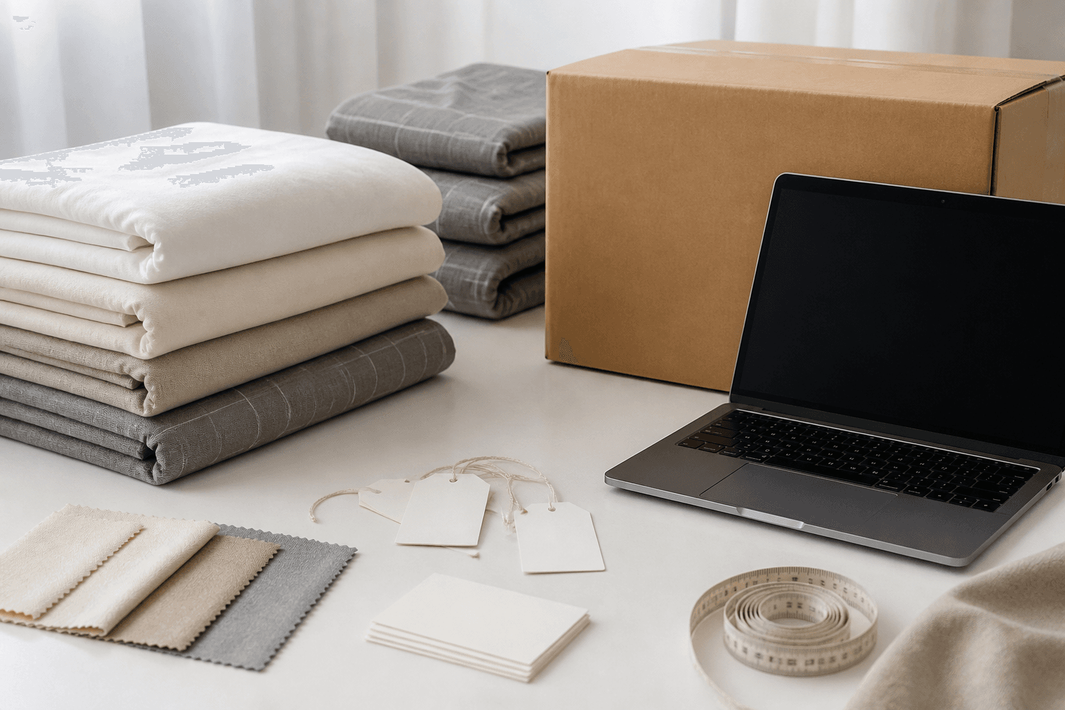 Folded unbranded bedding, a plain carton, blank tags, swatches and a laptop on a shipping-review table.