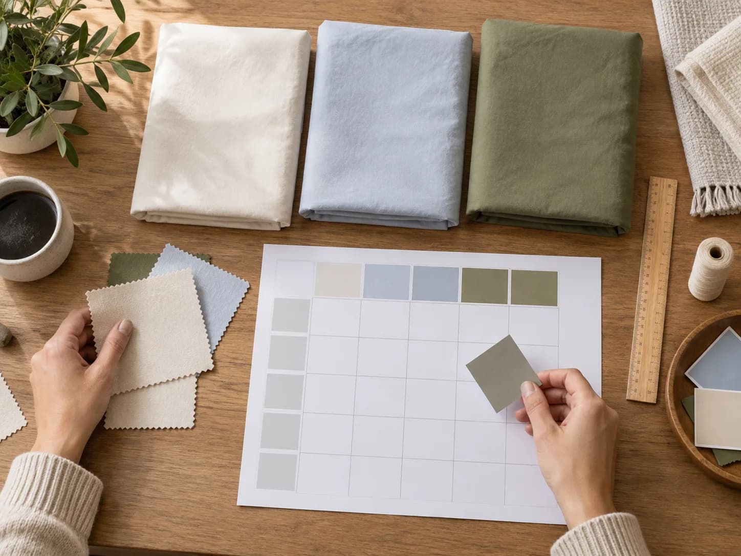 Unbranded folded bedding samples and colour swatches are arranged beside a blank product-planning grid.