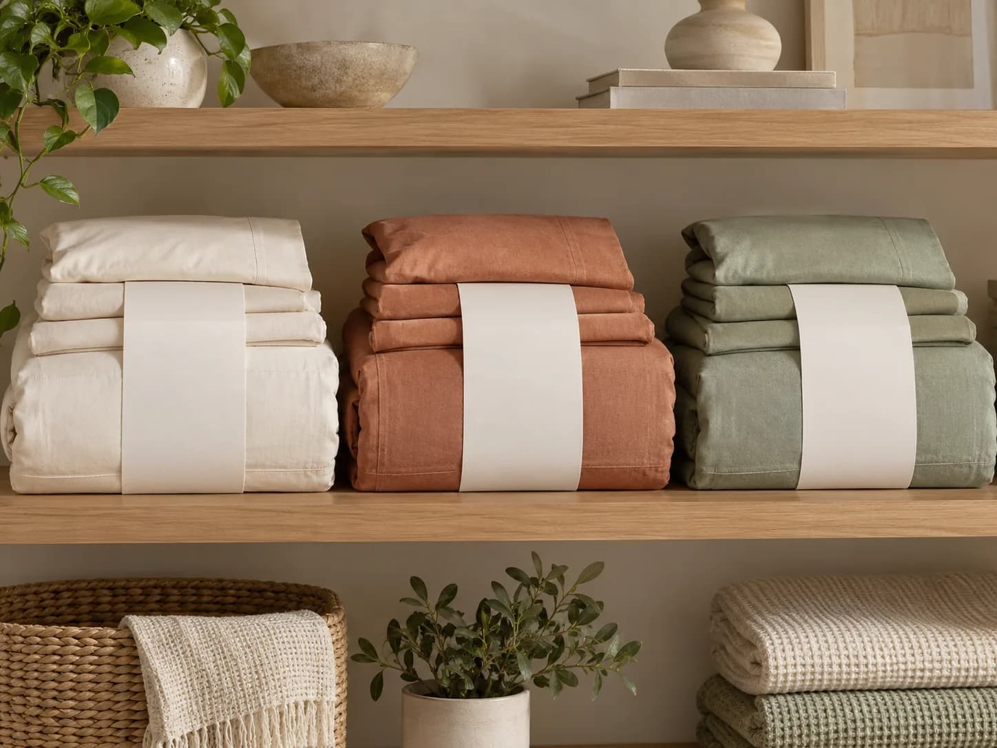 Three unbranded folded bedding sets in coordinated cream, clay and sage tones on a simple product-display shelf.