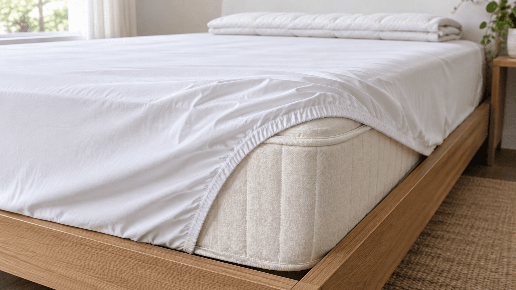 White fitted-sheet elastic edge shown around the side of an unbranded mattress