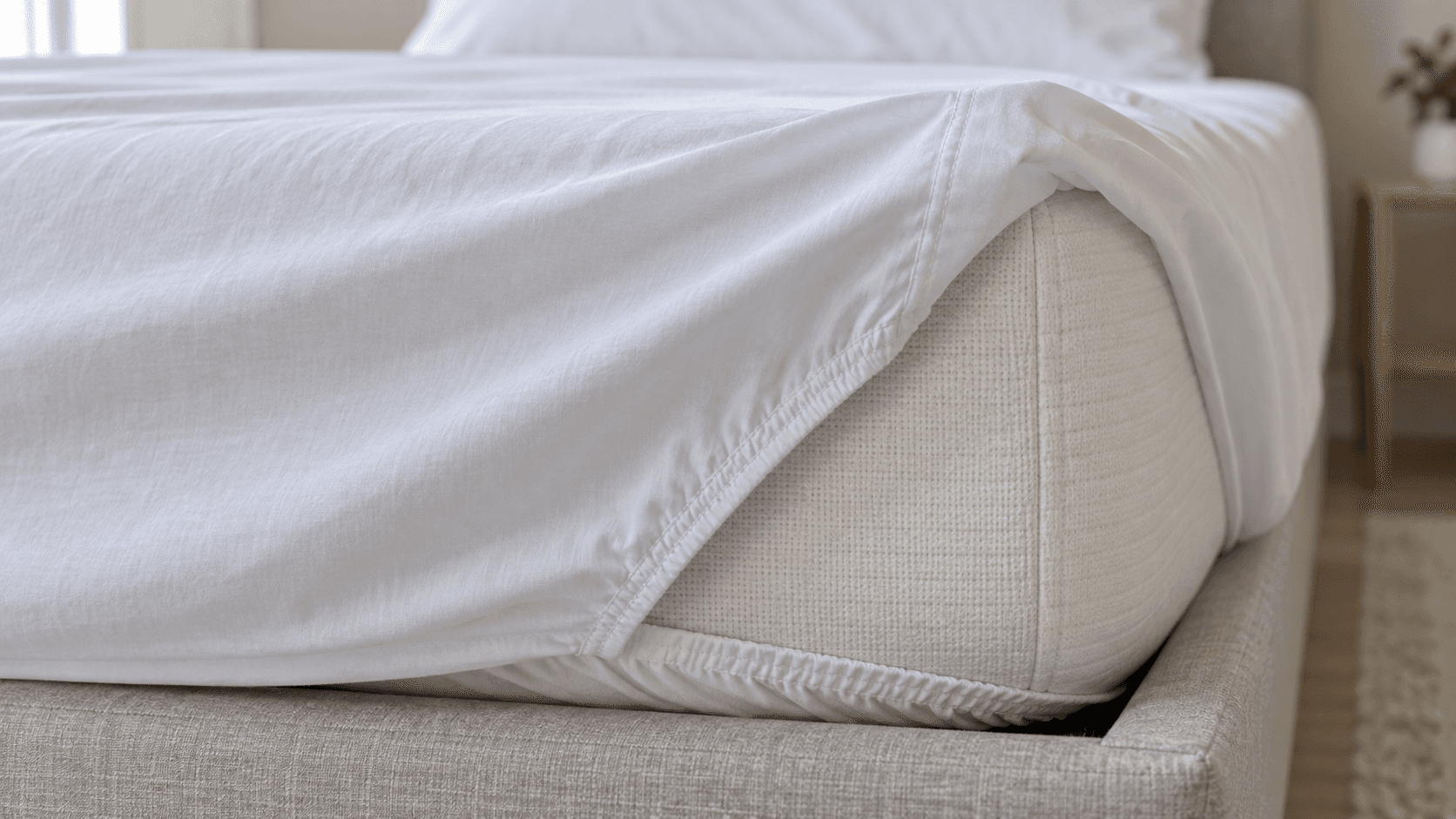 Close view of a white fitted-sheet corner seam and elastic hem beside the mattress edge