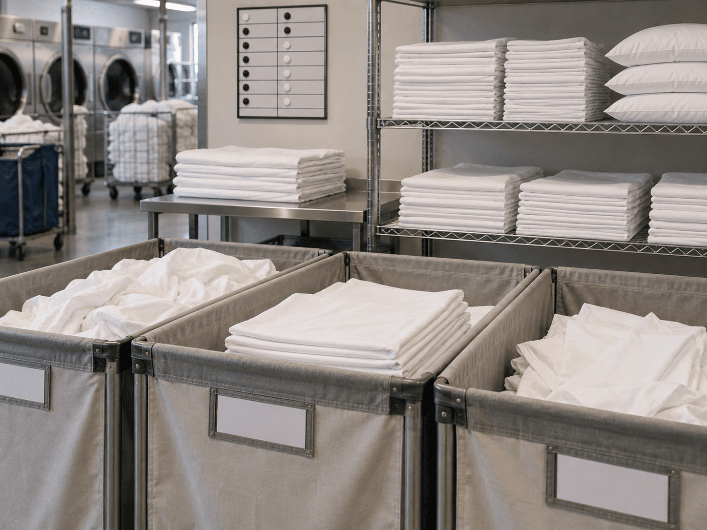 Ropa de hotel blanca clasificada en carros y estantes de una zona de servicio limpia.