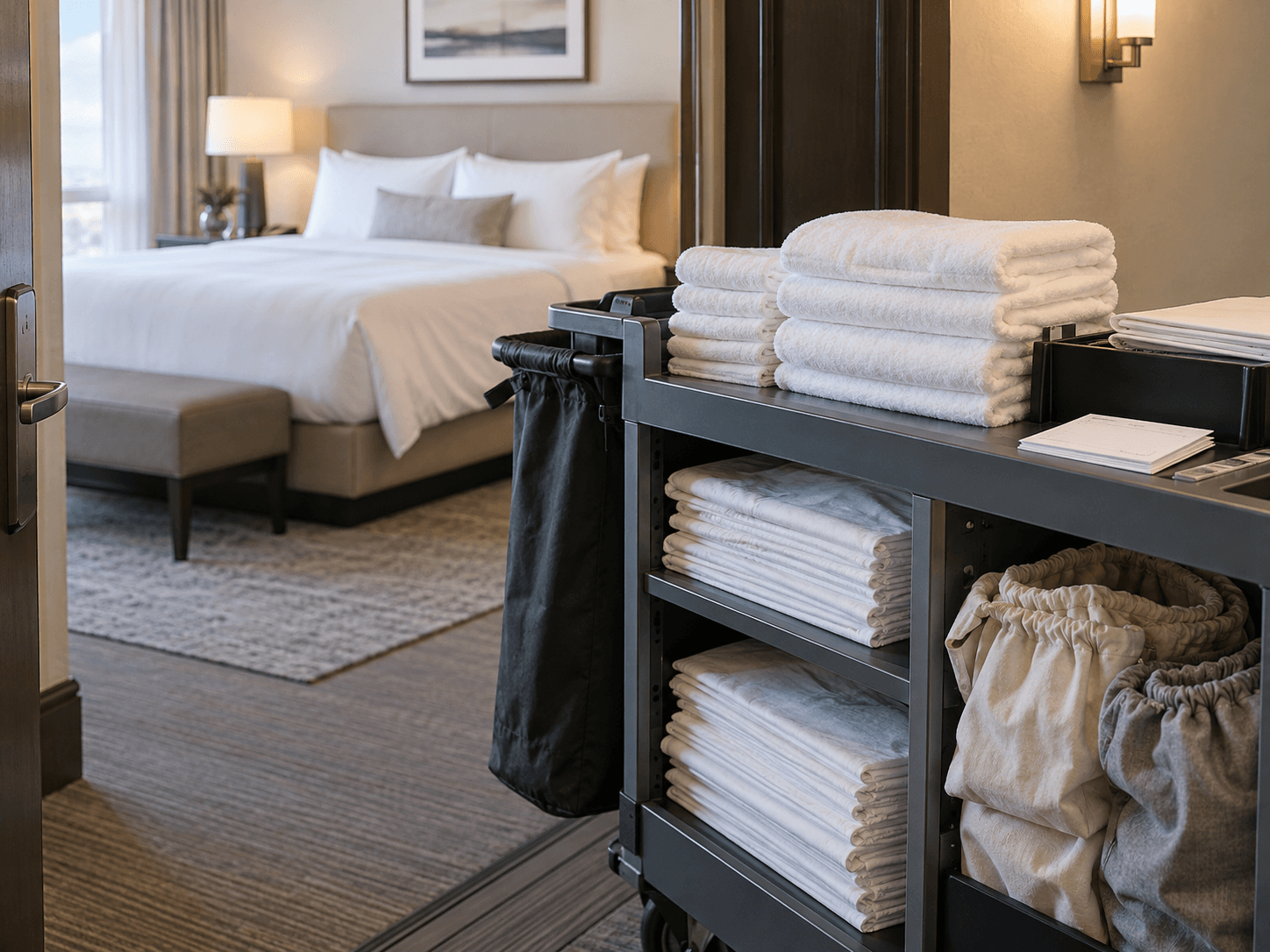 Escena de rotación hotelera con cama recién hecha y carro de servicio en una habitación neutra.