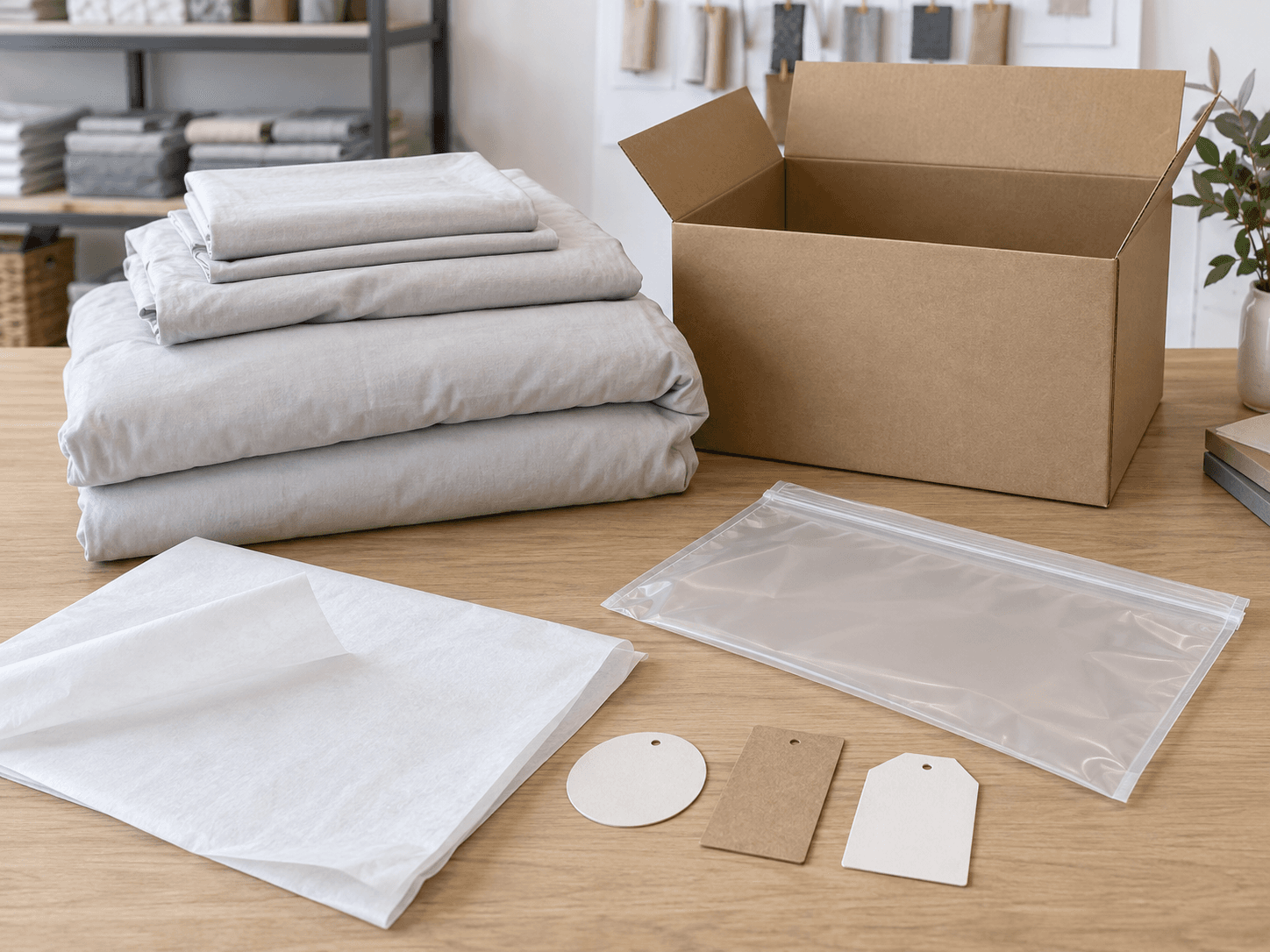 Folded white bedding beside plain cartons, neutral labels and a packing review workspace.