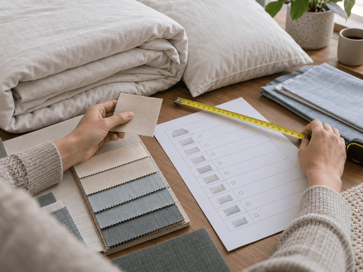 A close review of neutral fabric samples, folded bedding and an unbranded specification sheet.