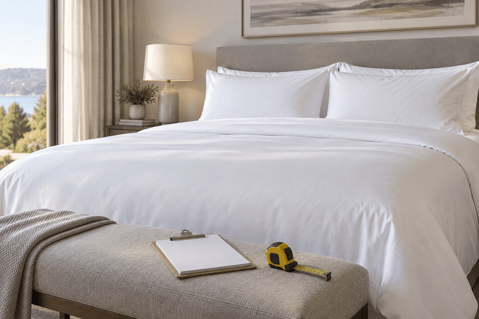 An unbranded white hotel bed with blank RFQ papers and a tape measure on a bench.