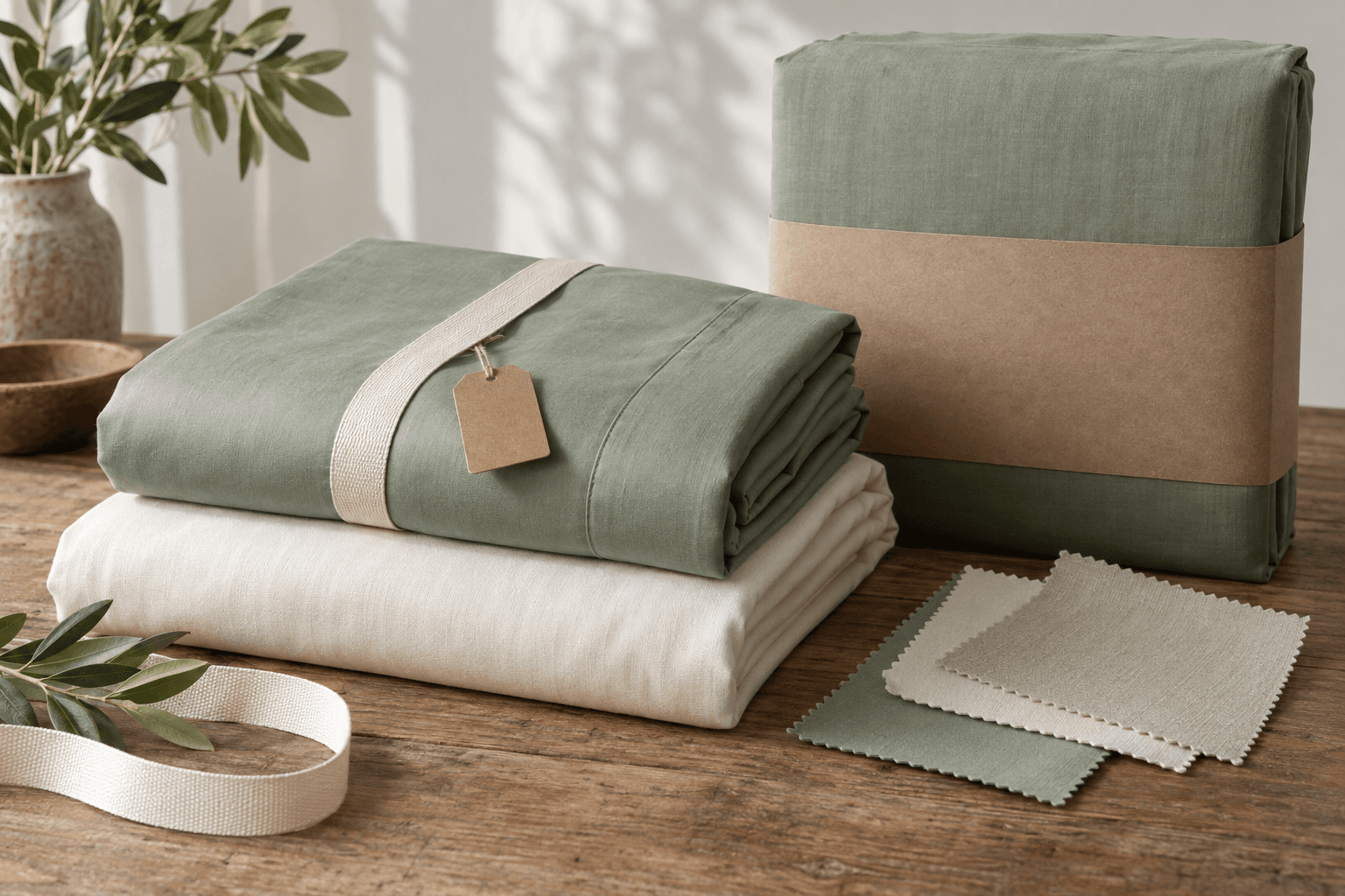 Folded pale sage and ivory bedding beside plain packaging, a blank hang tag and unbranded textile swatches.