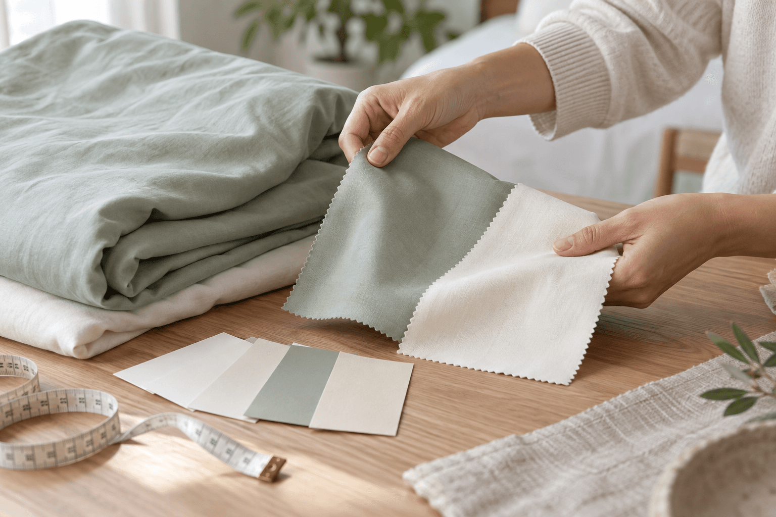 Hands comparing pale green and ivory unbranded bedding fabrics beside folded linens and a tape measure.
