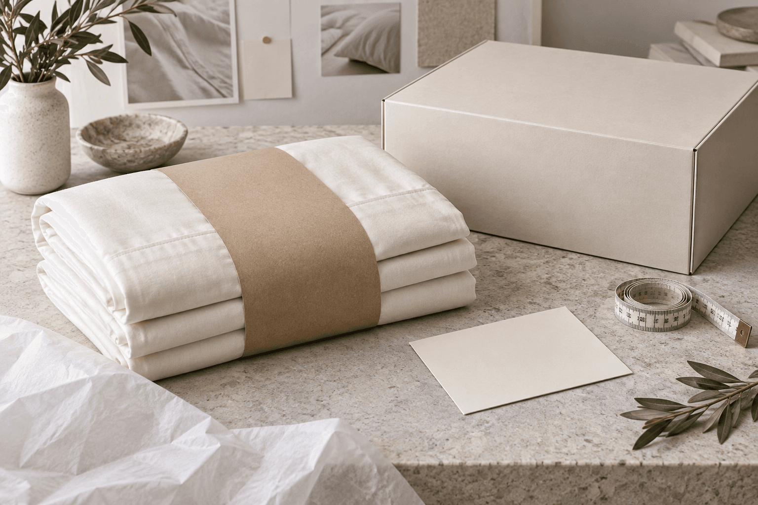 Linge de lit ivoire plié, bande kraft neutre et boîte de présentation sans marque sur un comptoir sobre.