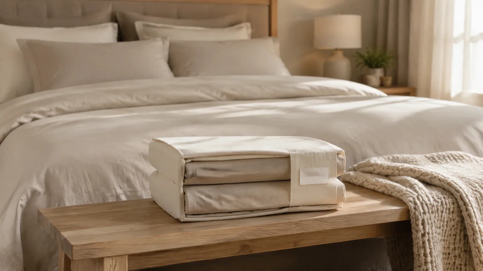Un juego de cama sin marca doblado en un dormitorio crema, con una pequeña etiqueta textil blanca en su funda de almacenamiento.