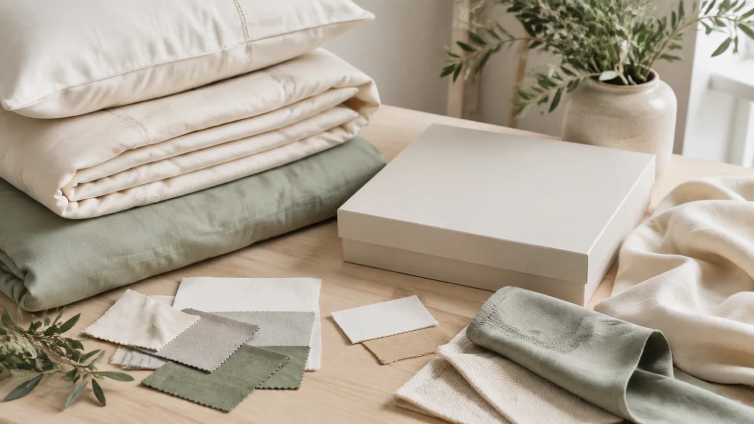 Ropa de cama marfil y verde salvia doblada, muestras neutras y una caja lisa sin marca sobre una mesa iluminada.