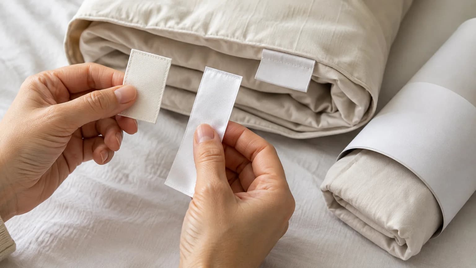 Manos comparan dos muestras de etiqueta textil en blanco junto a ropa de cama marfil doblada y un patrón de papel liso.