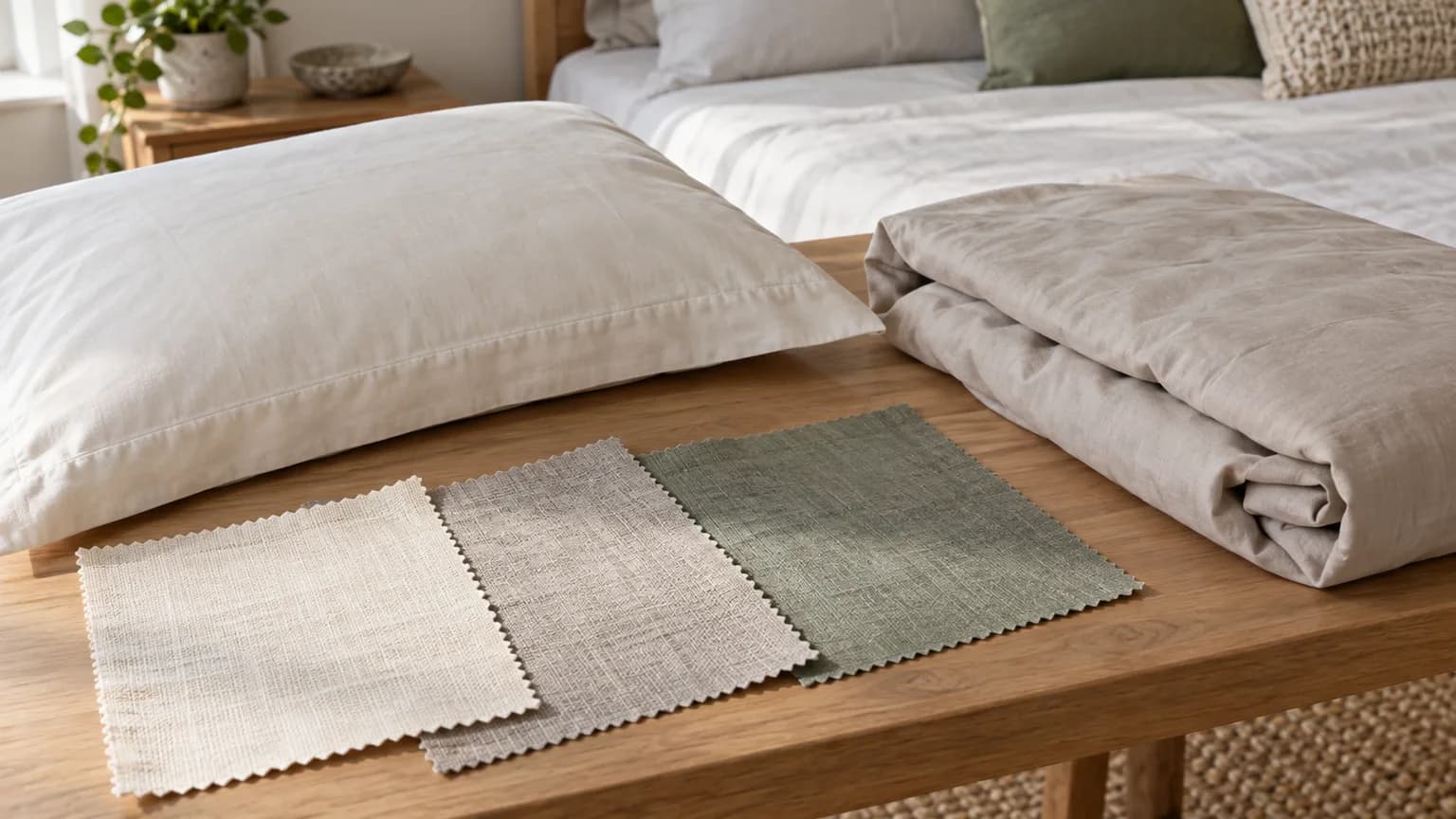 Neutral cotton swatches and unbranded bedding components on a design table.