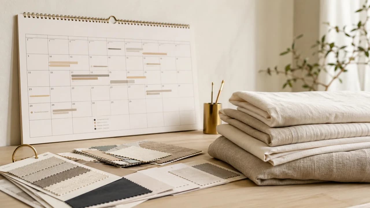 Un calendario mensual de planificación de la producción de ropa de cama con barras de programación por colores, junto a cartas de muestras de tejido y una pila de ropa de cama de algodón y lino doblada sobre una mesa de madera clara con luz de la mañana.