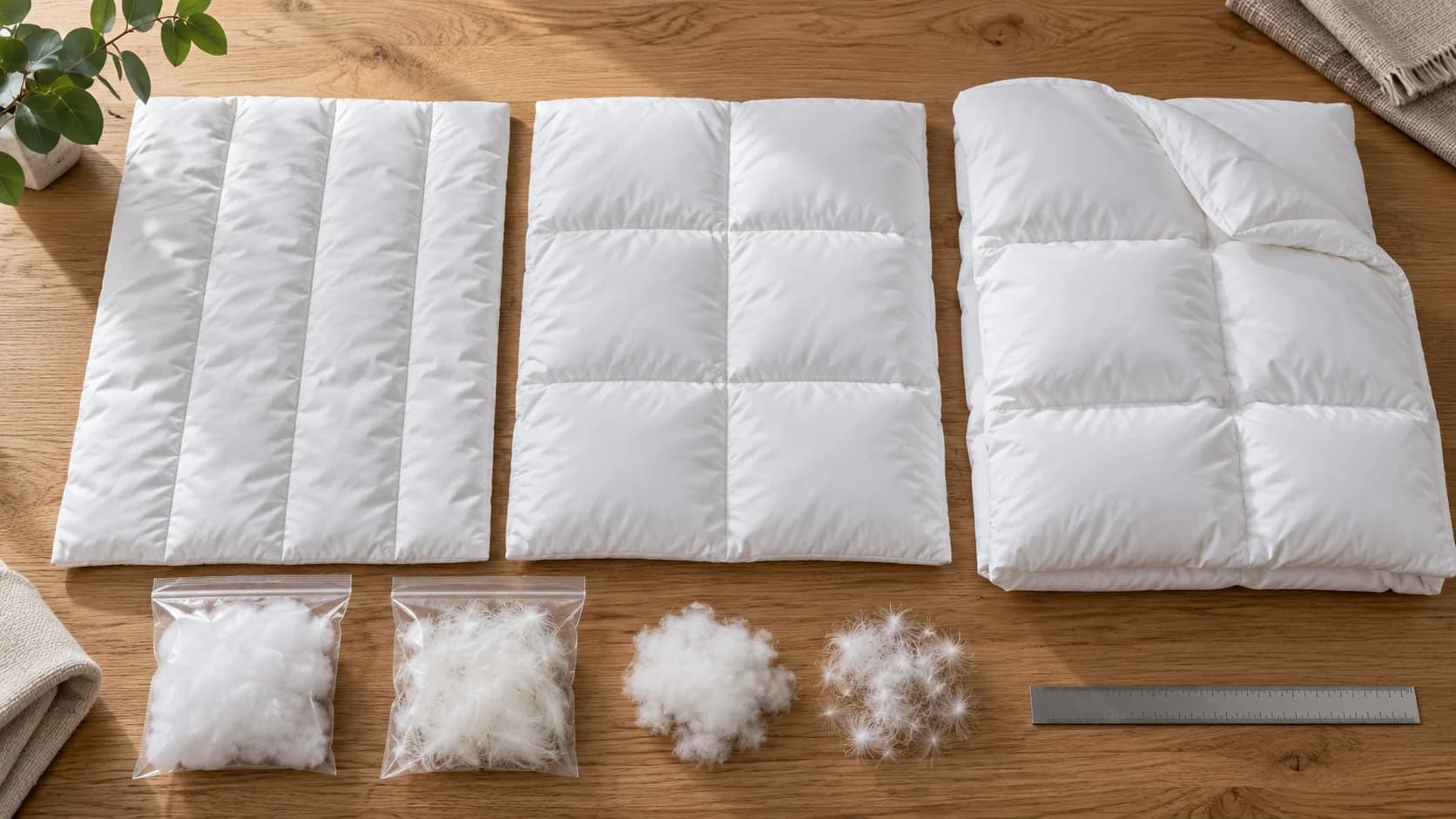 Three white quilted duvet sample panels with different chamber constructions and unlabelled fill swatches on a worktable.