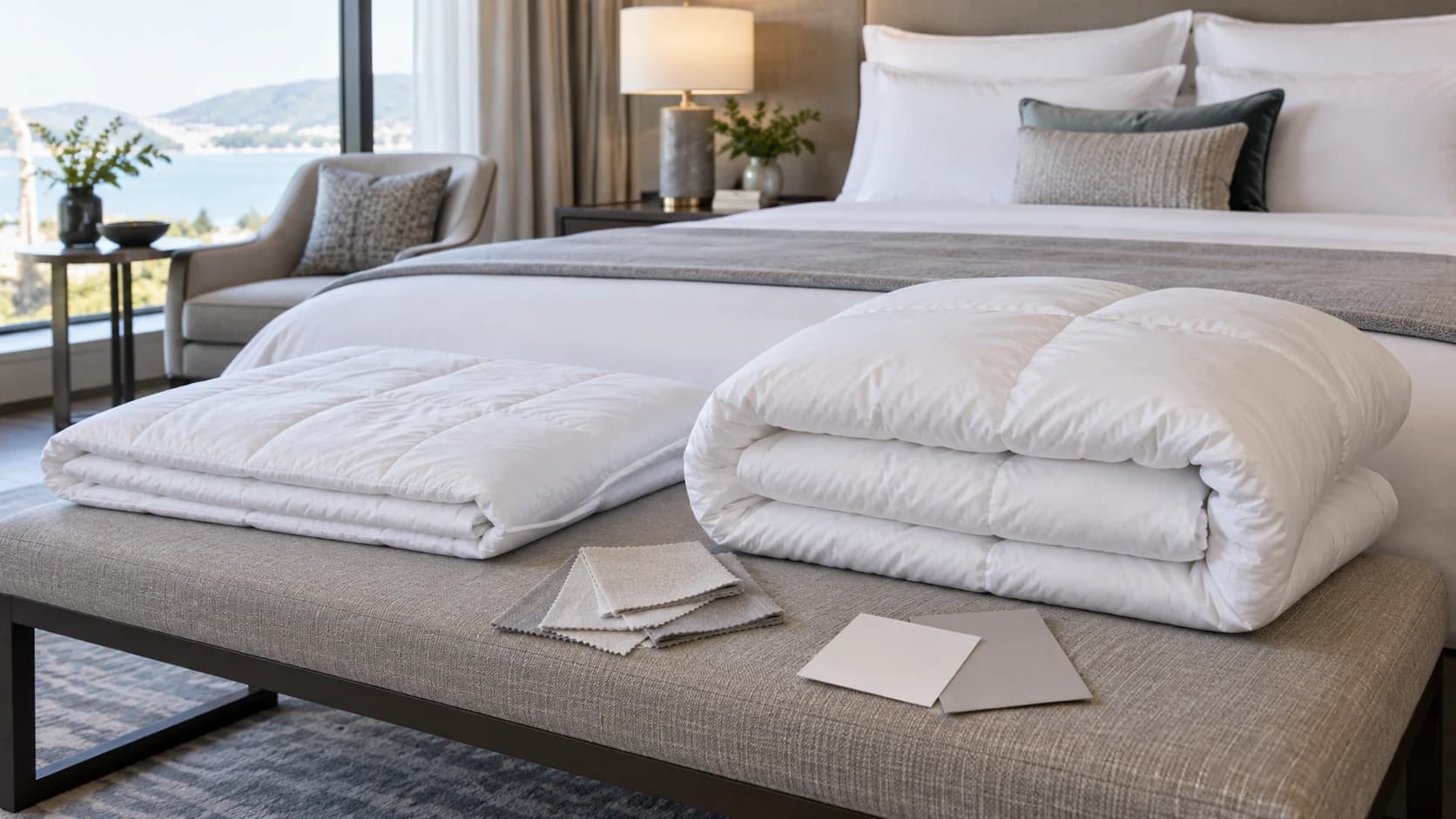 A lightweight white summer quilt and a loftier all-season duvet folded separately in a neutral hotel-style sample bedroom.