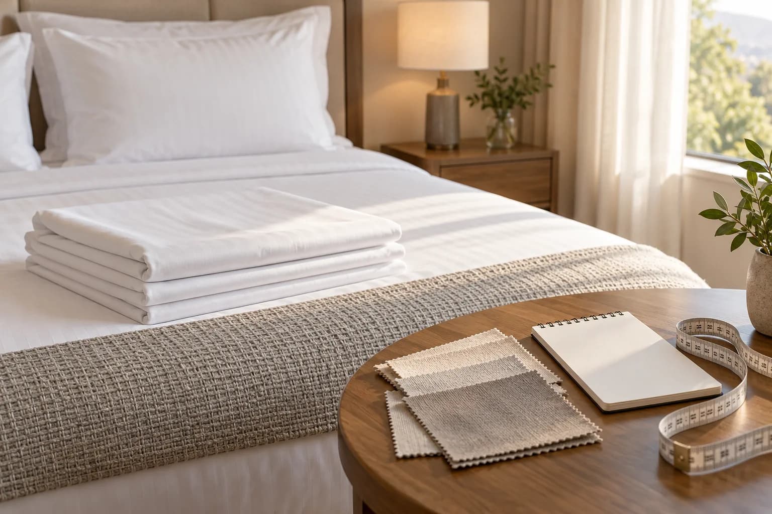 Ropa de cama blanca doblada, muestras neutras y cuaderno en blanco sobre una mesa de planificación anónima.