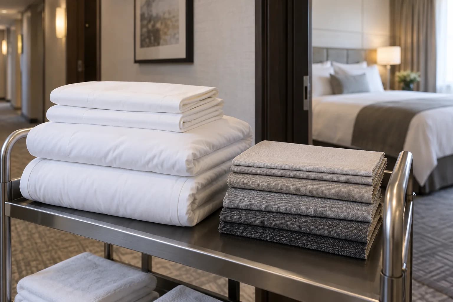 Dos pilas separadas de ropa de cama blanca sobre un carro junto a una puerta de habitación anónima.
