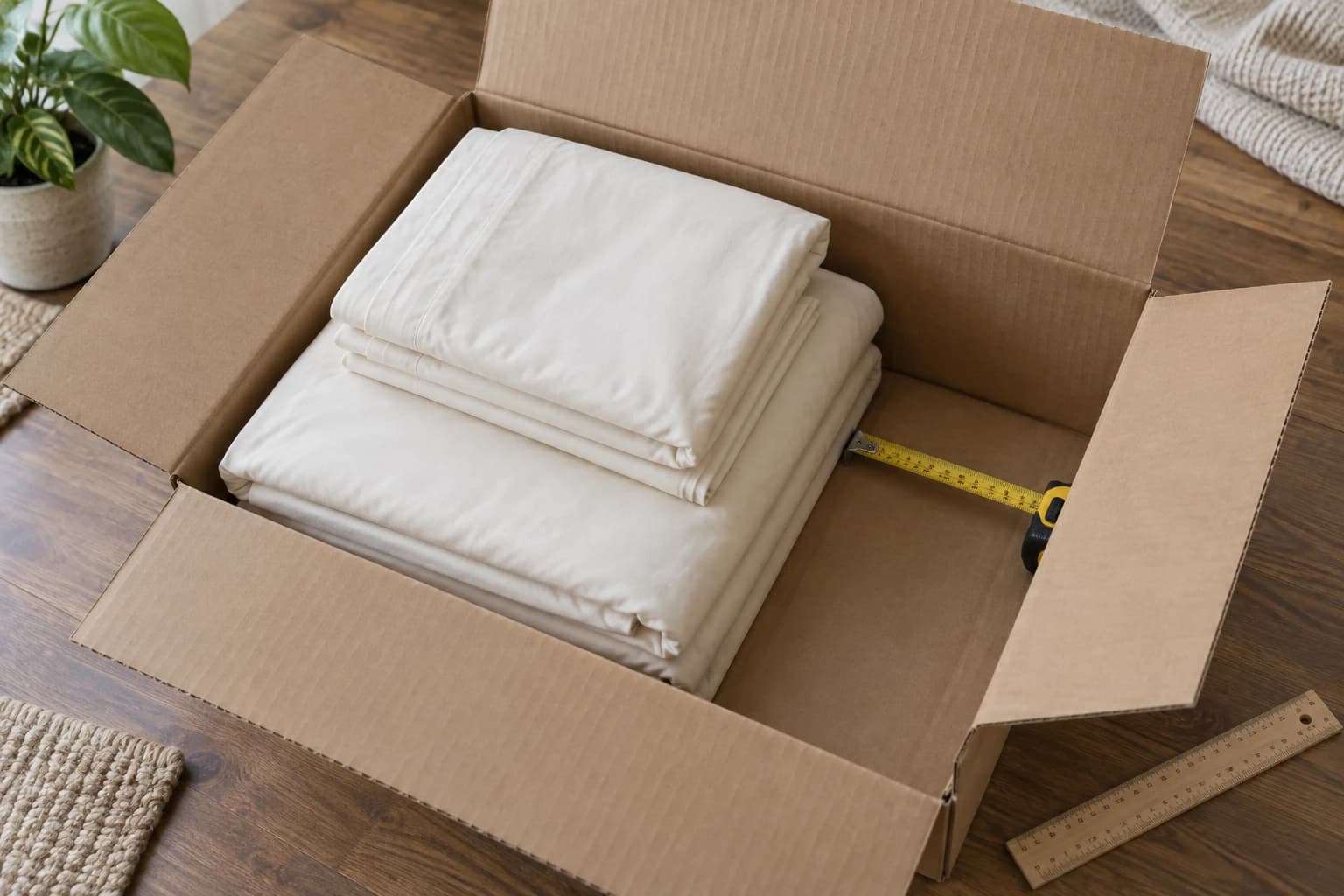 Linge ivoire plié dans un carton neutre ouvert, avec mètre ruban sur l’ouverture et règle à proximité.