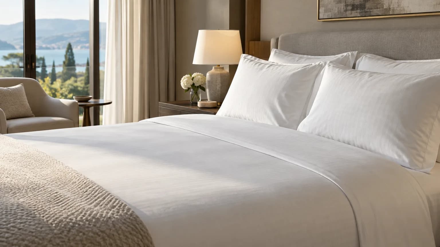 Draps et oreillers blancs sur un lit de chambre hôtelière sans marque, éclairé par le jour.