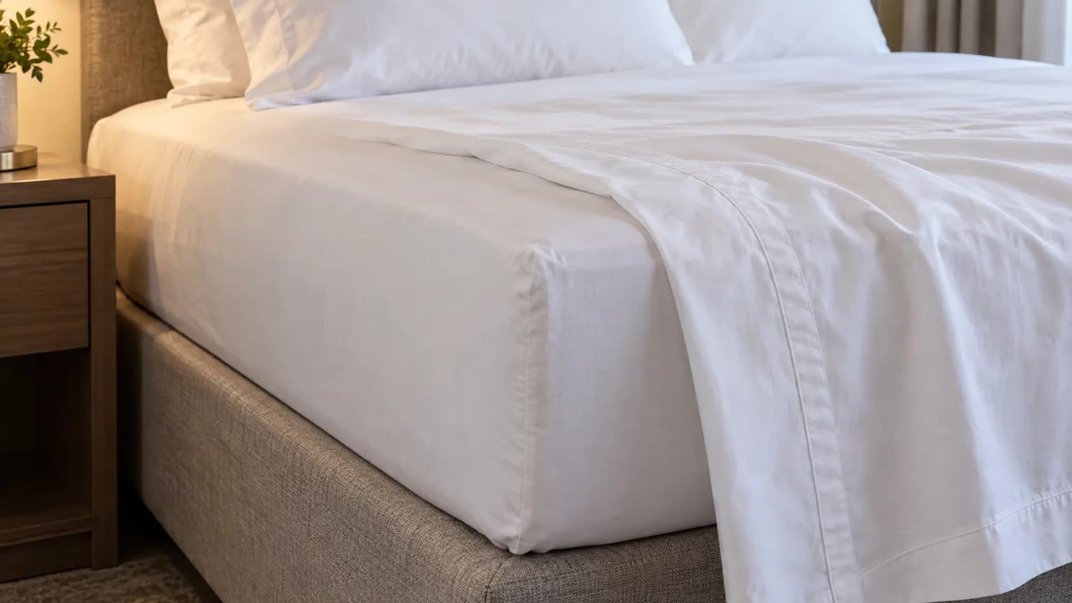 Gros plan d’un drap-housse blanc ajusté au matelas et d’un drap plat replié.