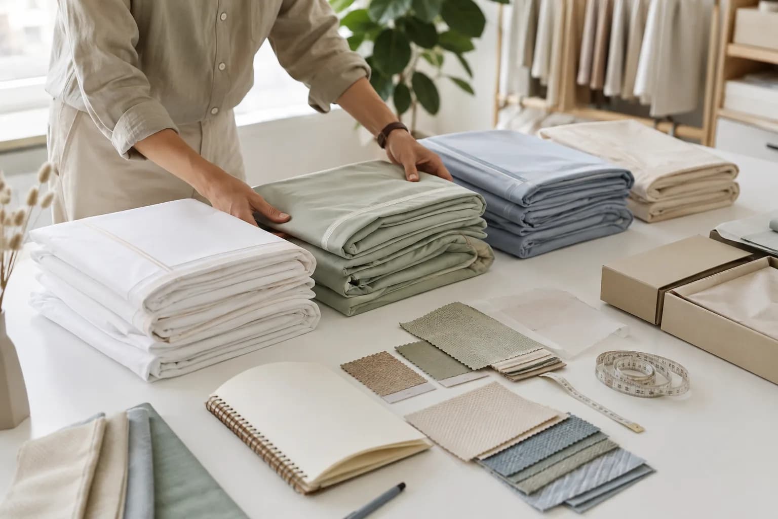 A buyer compares folded wholesale bedding sets, neutral fabric swatches, a blank notebook and packaging samples on a bright sourcing table.