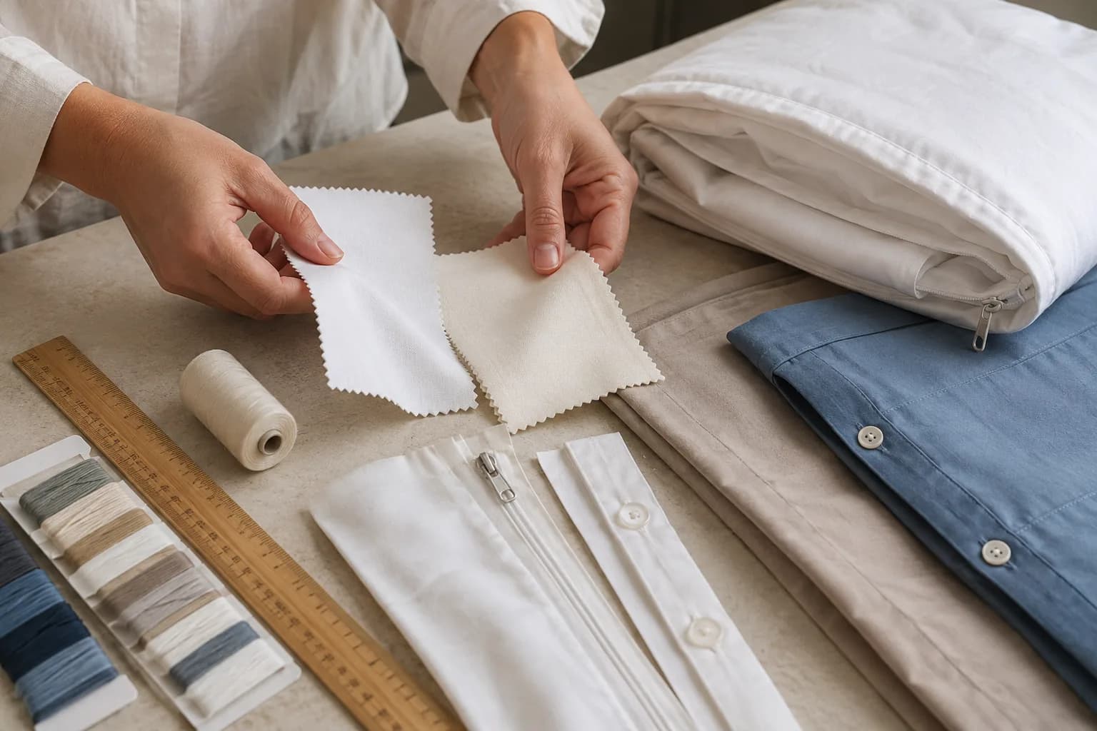 Hands compare white and neutral bedding swatches, a zipper, button closure, ruler and thread cards on a sample-review table.
