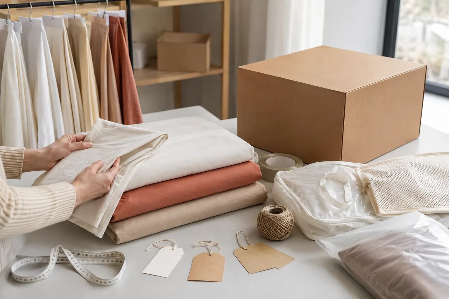 A buyer reviews folded bedding, unbranded retail packaging options, blank hangtags and a plain carton in a clean packing workspace.