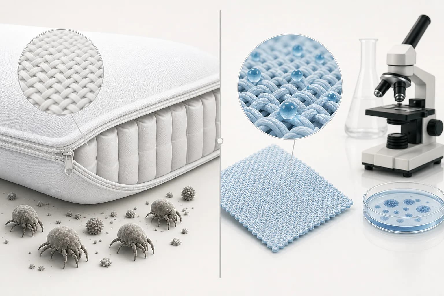 A split technical illustration: a zipped white mattress encasing forms a dense physical barrier above dust-mite particles on one side, while a separate blue textile swatch is shown beside laboratory equipment on the other.