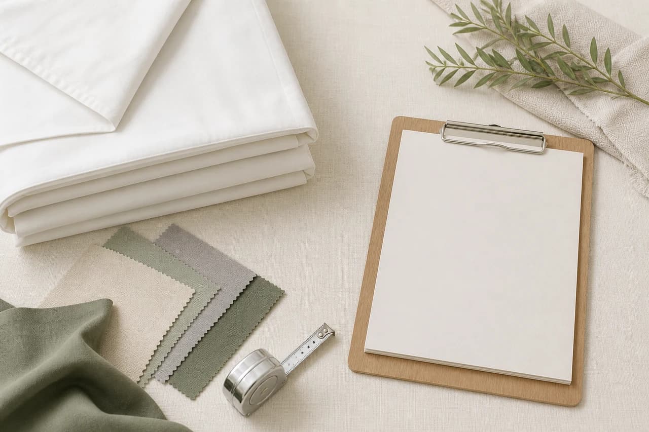 Folded white bedding fabric, muted swatches, a blank clipboard and an unbranded tape measure arranged on a pale textile surface.