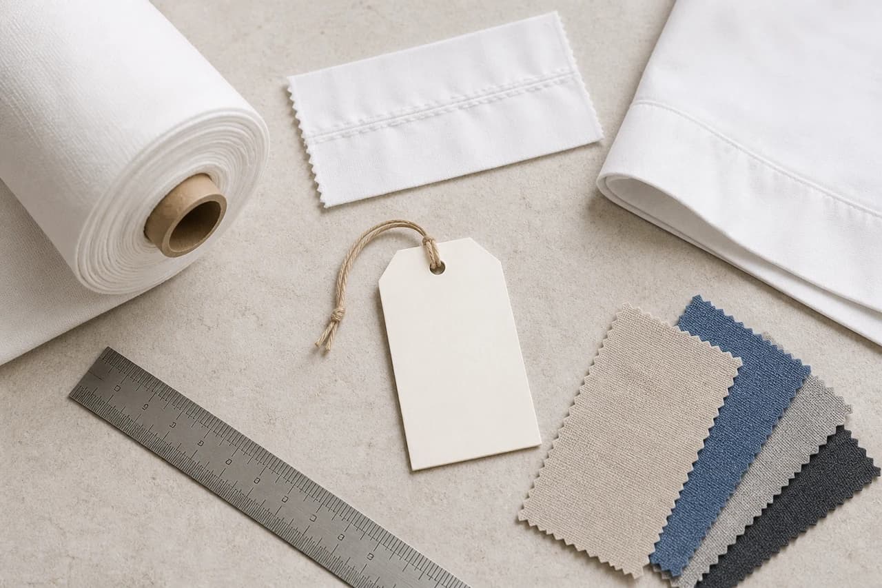 A roll of white fabric, a stitched seam sample, folded bedding edge, blank swing tag, ruler and fabric swatches arranged on a pale surface.