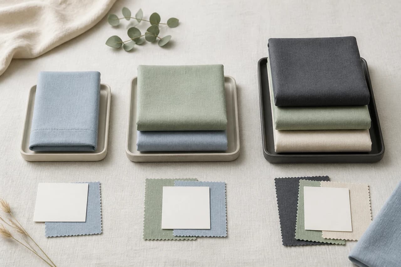 Three trays with progressively larger folded bedding stacks, blank sample cards and coordinated fabric swatches on a pale linen surface.