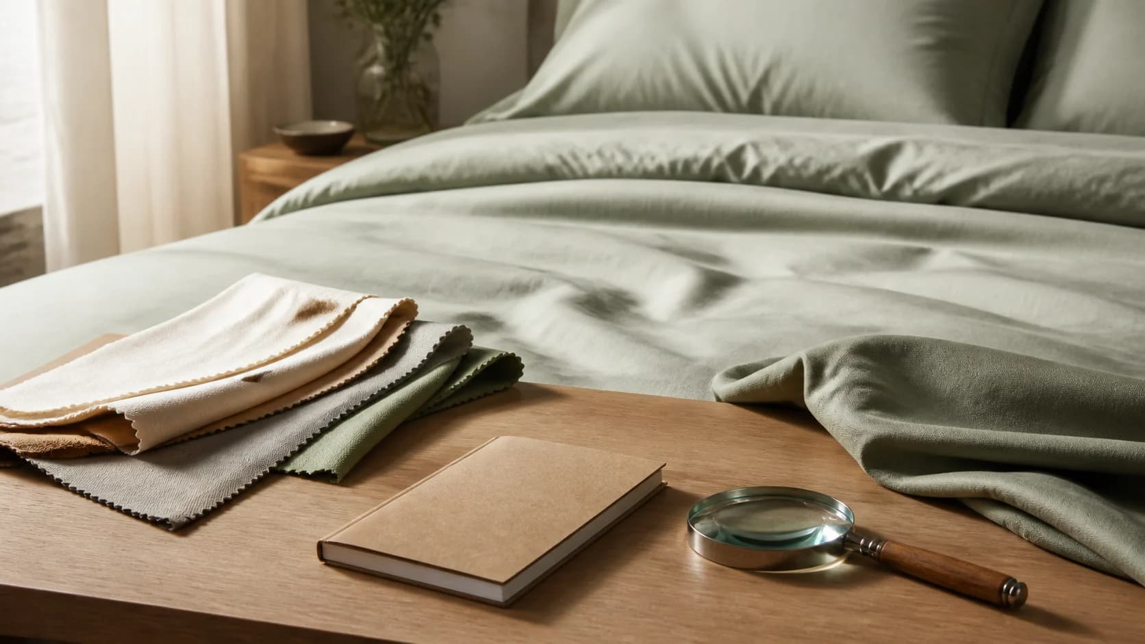 Linge vert sauge, échantillons textiles, carnet vierge et loupe sur une table d'approvisionnement éclairée.