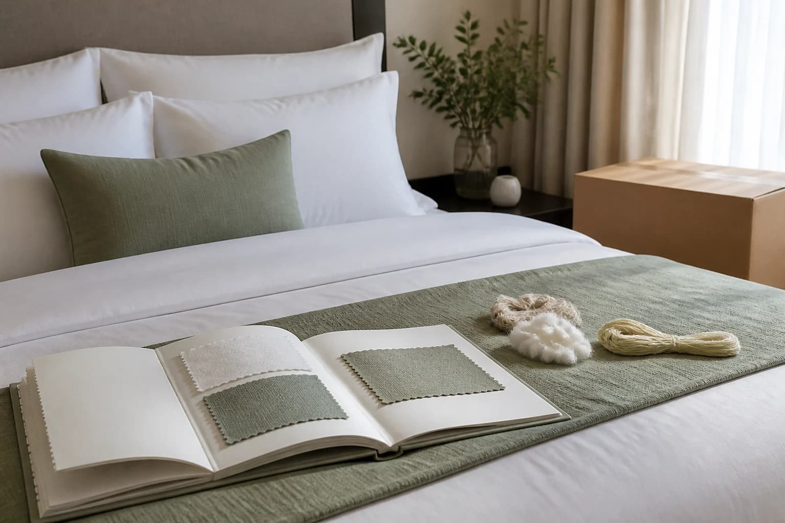 Linge blanc et vert sauge avec échantillons textiles dans une scène hôtelière neutre.