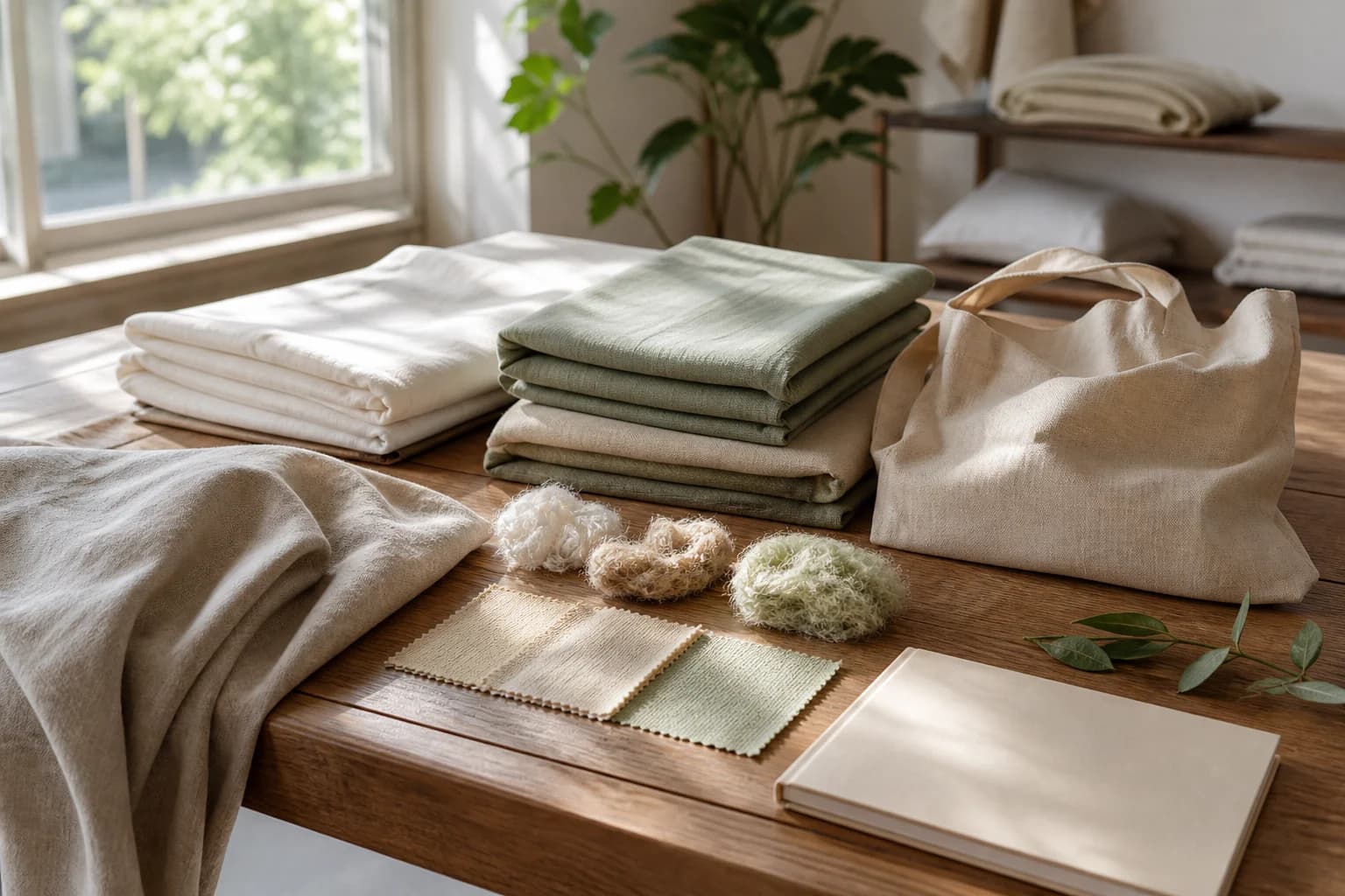 Tissus de lit pliés, échantillons de fibres et sac réutilisable sans marque lors d'une revue matière.