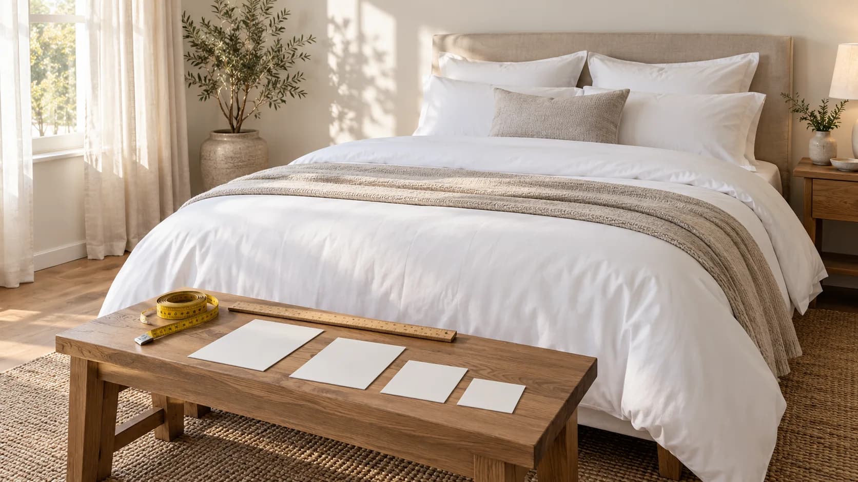 Unbranded white bedding with a tape measure, ruler and blank size cards in a daylight bedroom.