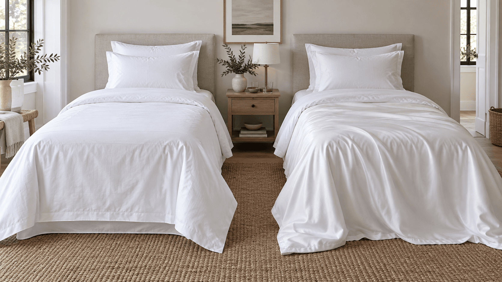 Two unbranded white beds styled with crisp matte and softly draped cotton bedding