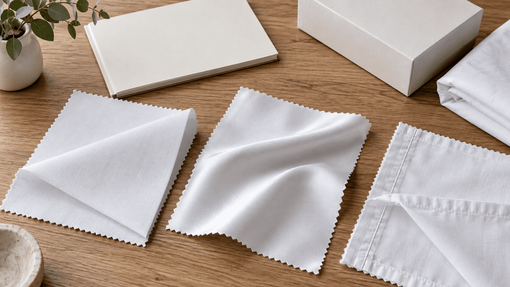 Matte and smooth white cotton swatches beside a blank buyer notebook and plain packaging