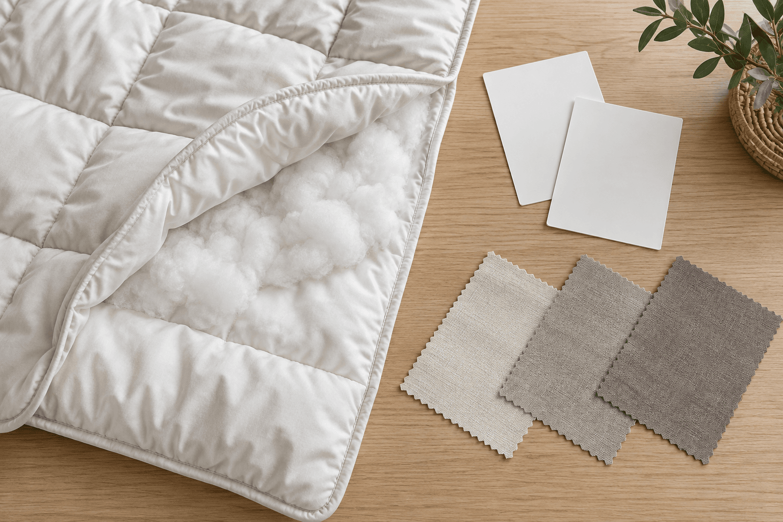 A lightweight unbranded quilt partly opened to show loose filling, neutral fabric swatches and blank sample cards.