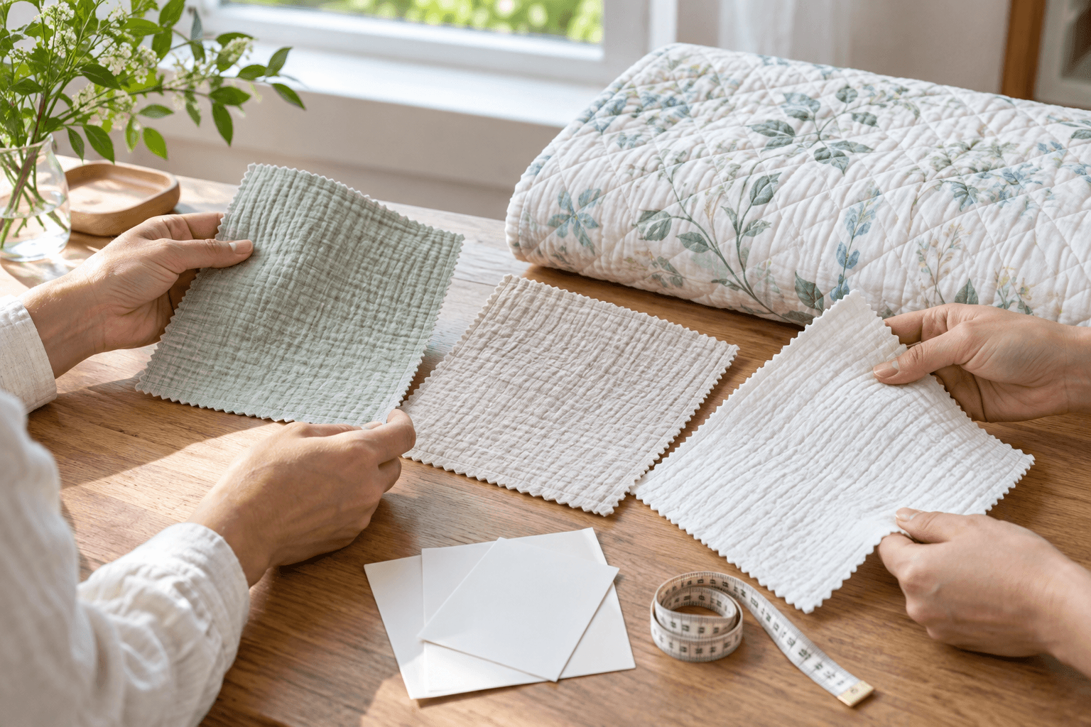 Hands comparing three lightweight quilt fabric swatches beside a folded patterned summer quilt and a tape measure.