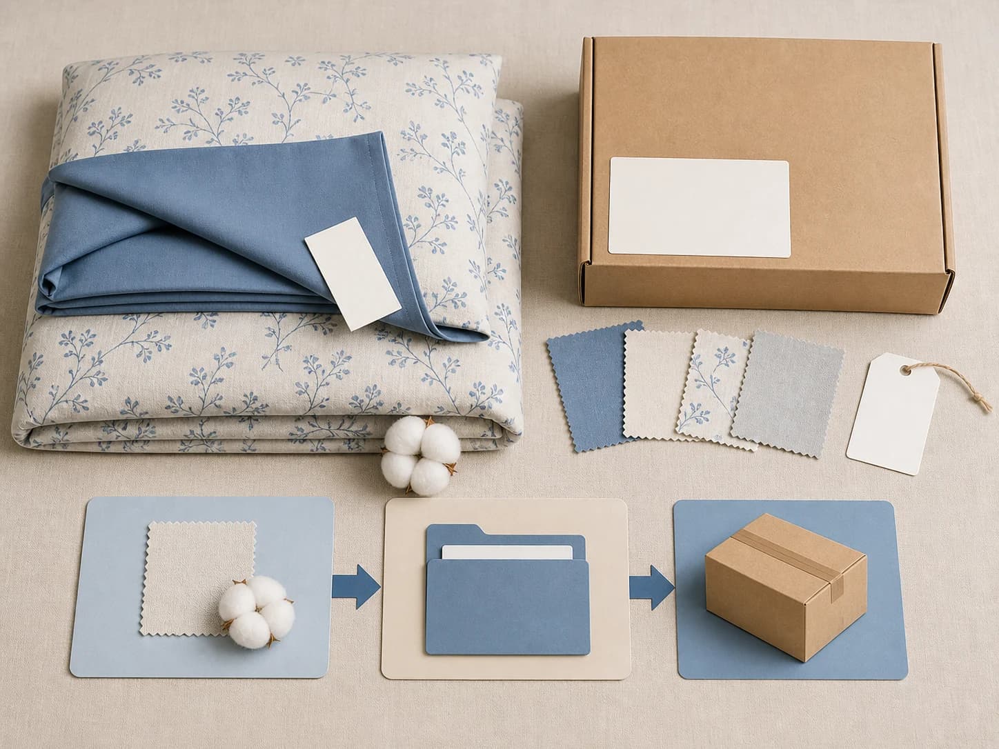 Linge plié, étiquettes vierges et échantillons au-dessus d'une séquence visuelle sans texte du produit au dossier puis au carton.