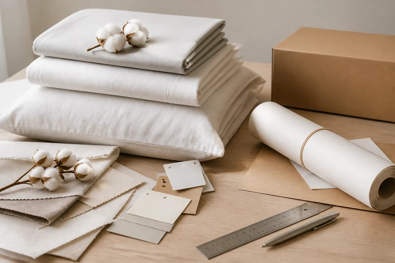 Linge blanc plié, cartes tissu vierges, carton kraft et document d'expédition roulé sans texte lisible sur un bureau neutre.