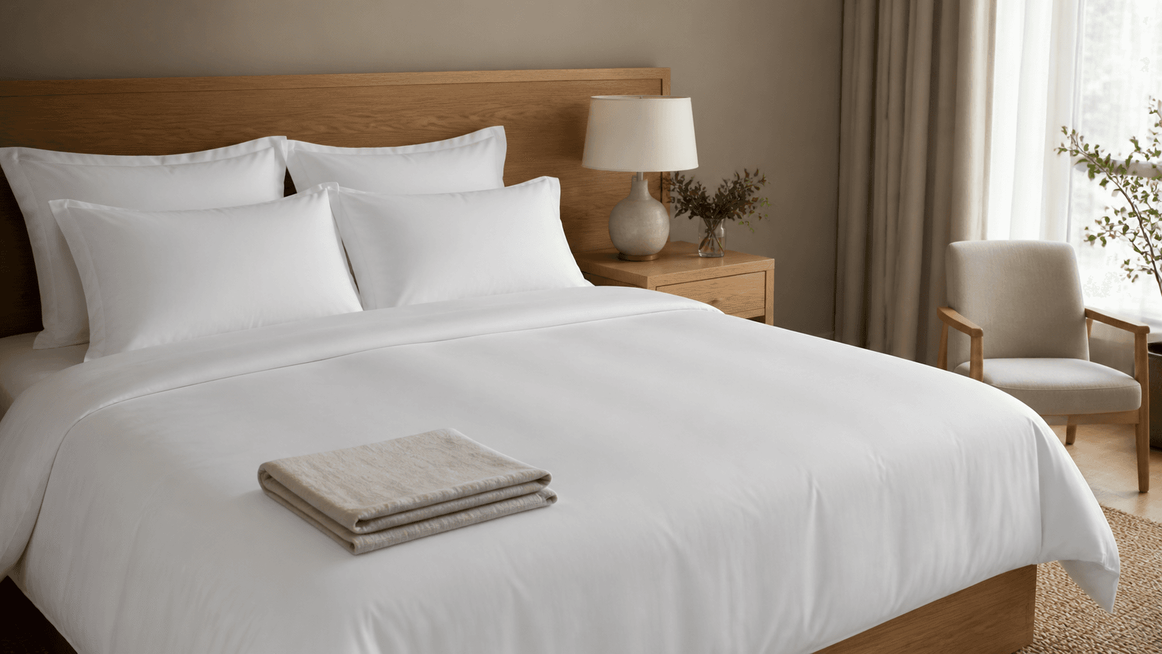 Lit blanc de style hôtel avec oreillers ordonnés et échantillon neutre plié.