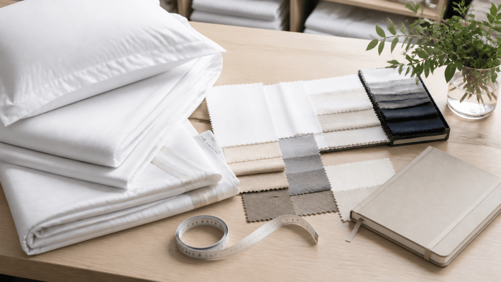 Linge blanc, échantillons neutres, carnet uni et mètre sur une table d'achat.