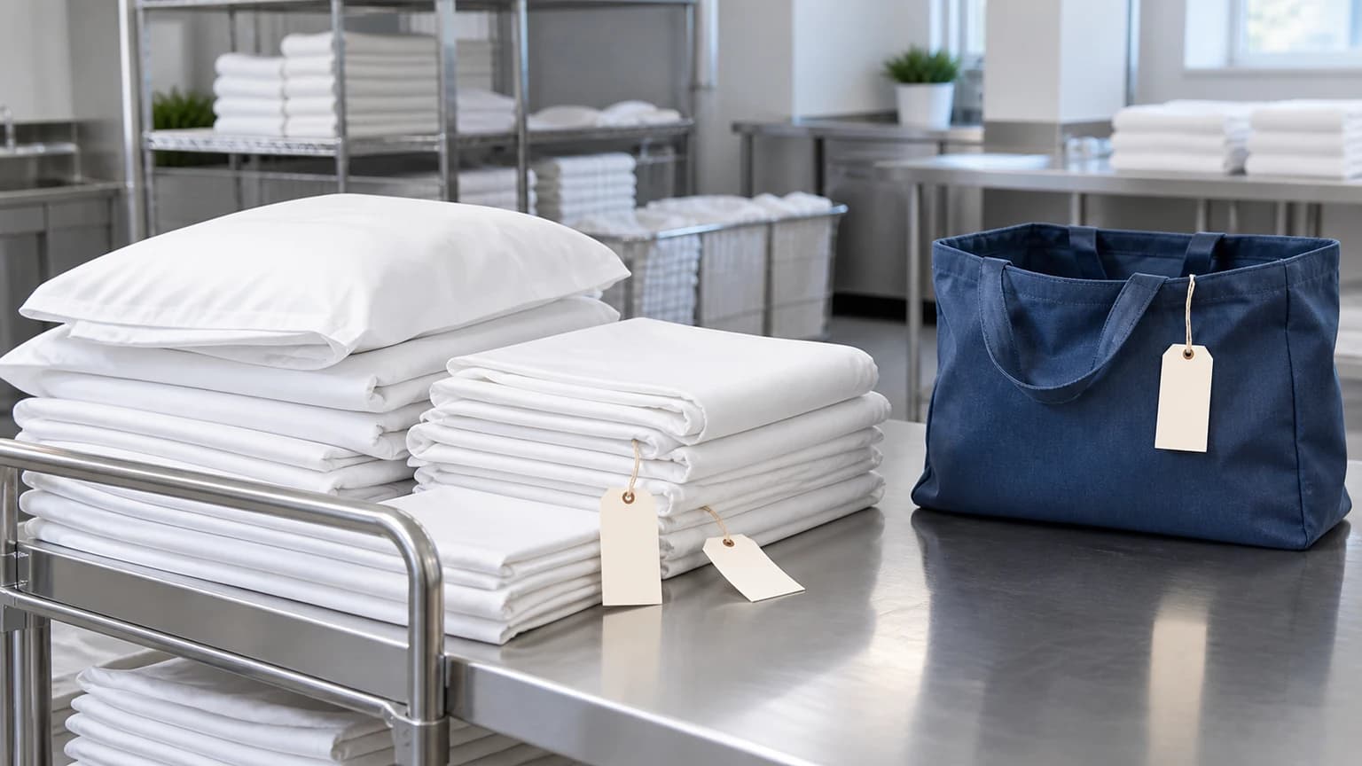 Ropa blanca doblada separada de una bolsa azul de devolución sobre una superficie de servicio limpia.