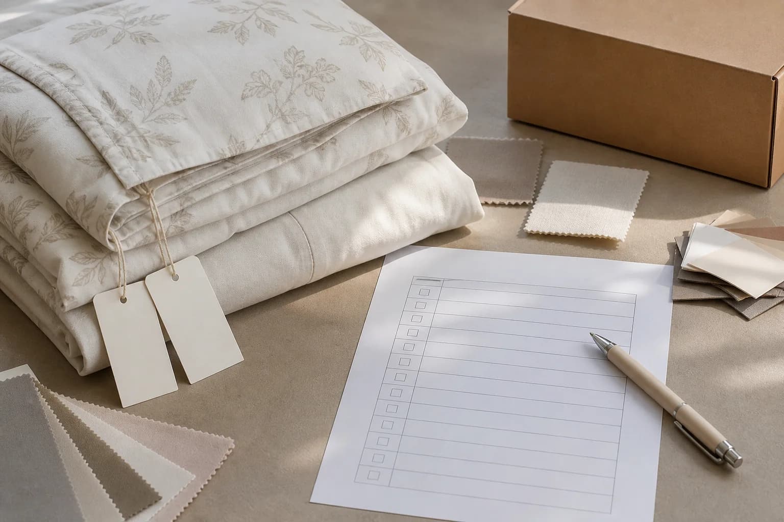 Ropa de cama, etiquetas en blanco, muestras y checklist sin texto para revisar una etiqueta.