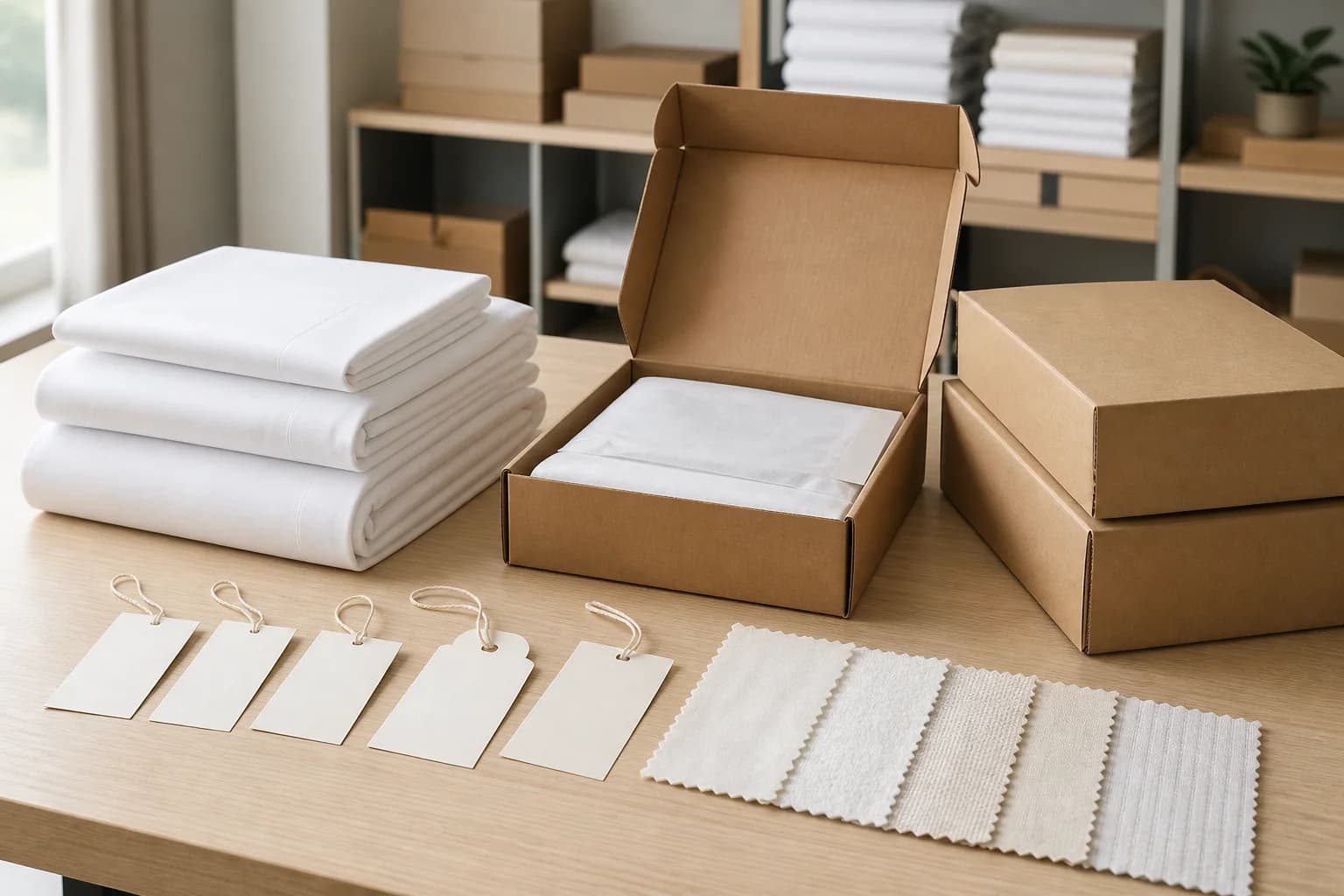 Ropa hotelera, etiquetas en blanco y cajas lisas en un estudio de preparación de embalaje.