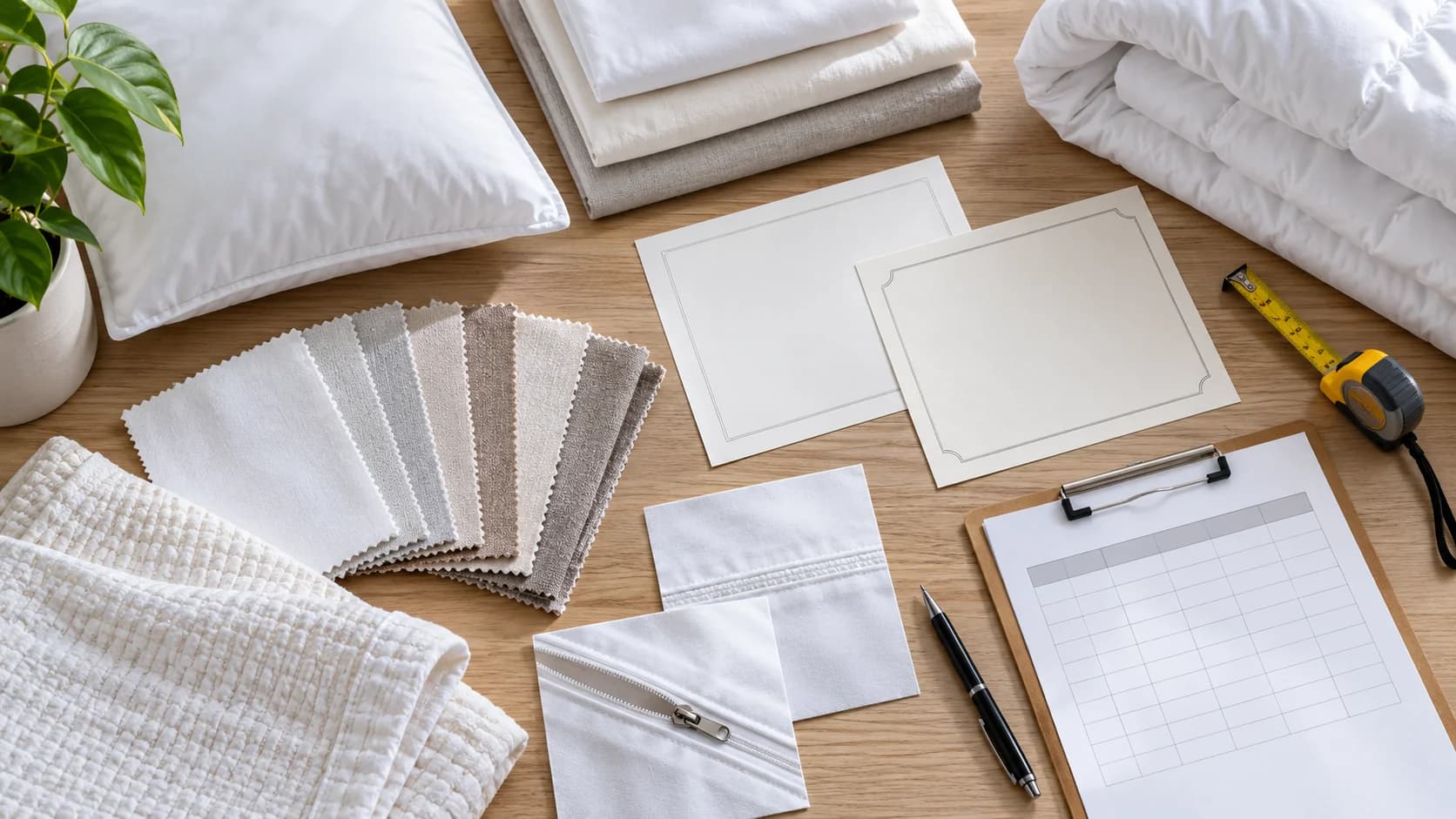Unbranded bedding samples, fabric swatches, seam details and blank score sheets arranged for supplier evidence review.